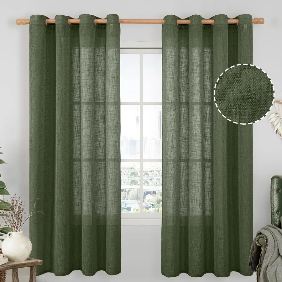 

Olive Green Linen Curtains 72 inches Long for Living Room Soft Thick Semi Sheer Light Filtering Bronze Grommet Window Treatment