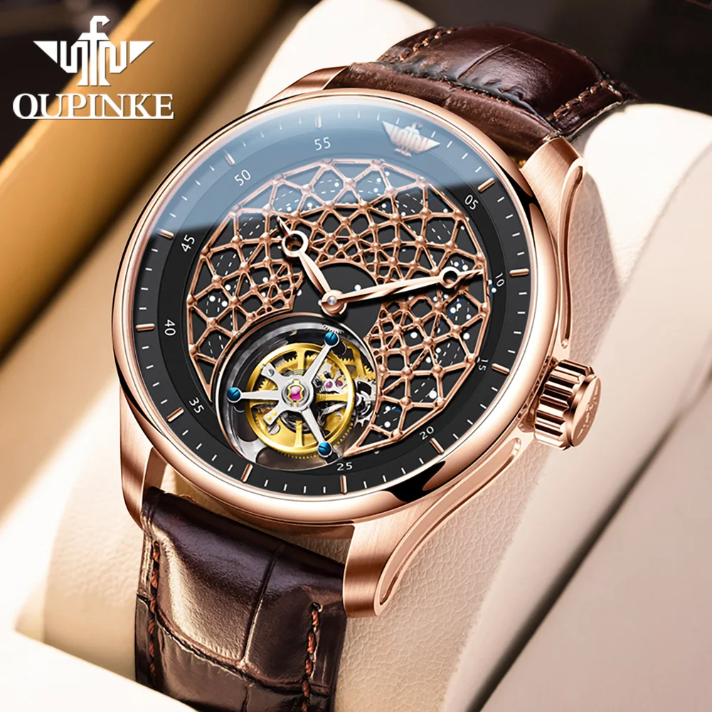 OUPINKE 8002 Tourbillon Men's Watch Leather Watch Strap Skeleton TOP Brand Automatic Mechanical Men's Watch