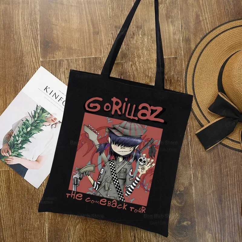 Gorillaz الموسيقى الحديثة الفرقة الكرتون كبير أسود طباعة حقيبة تسوق قابلة لإعادة الاستخدام المرأة قماش حمل الحقائب الطباعة حقيبة صديقة للبيئة الكرتون