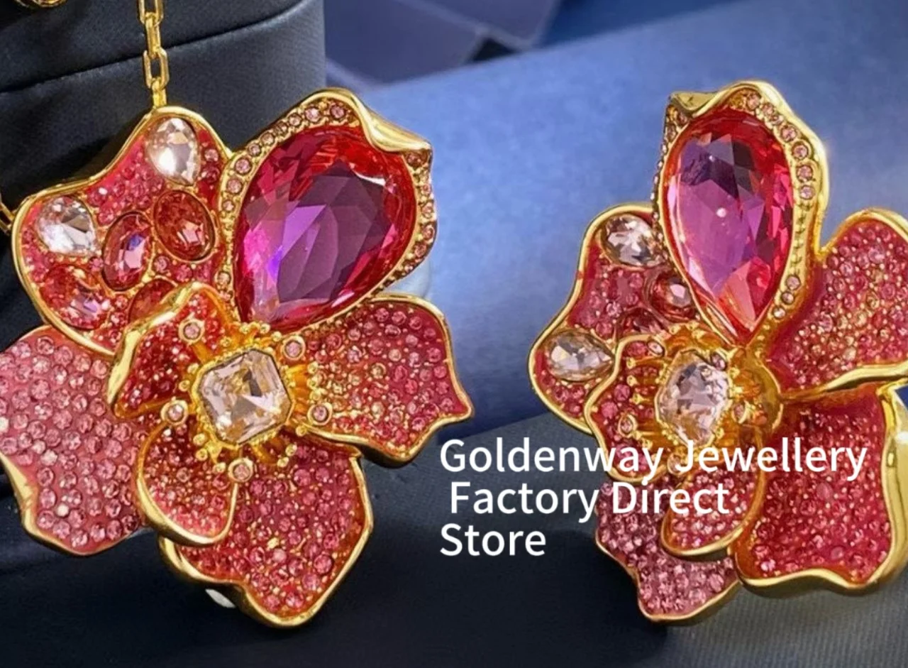 

Stunning 18K Gold Filled Pink Gemstone Flower Jewelry Set Rose Tourmaline Crystal Designer Chunky Ring Luxury Statement Necklace