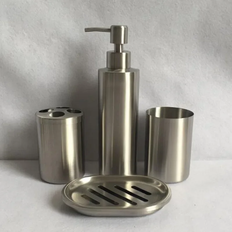 304 stainless steel bathroom 4pcs set of lotion bottle toothbrush holder mug cup soap box Bathroom sets