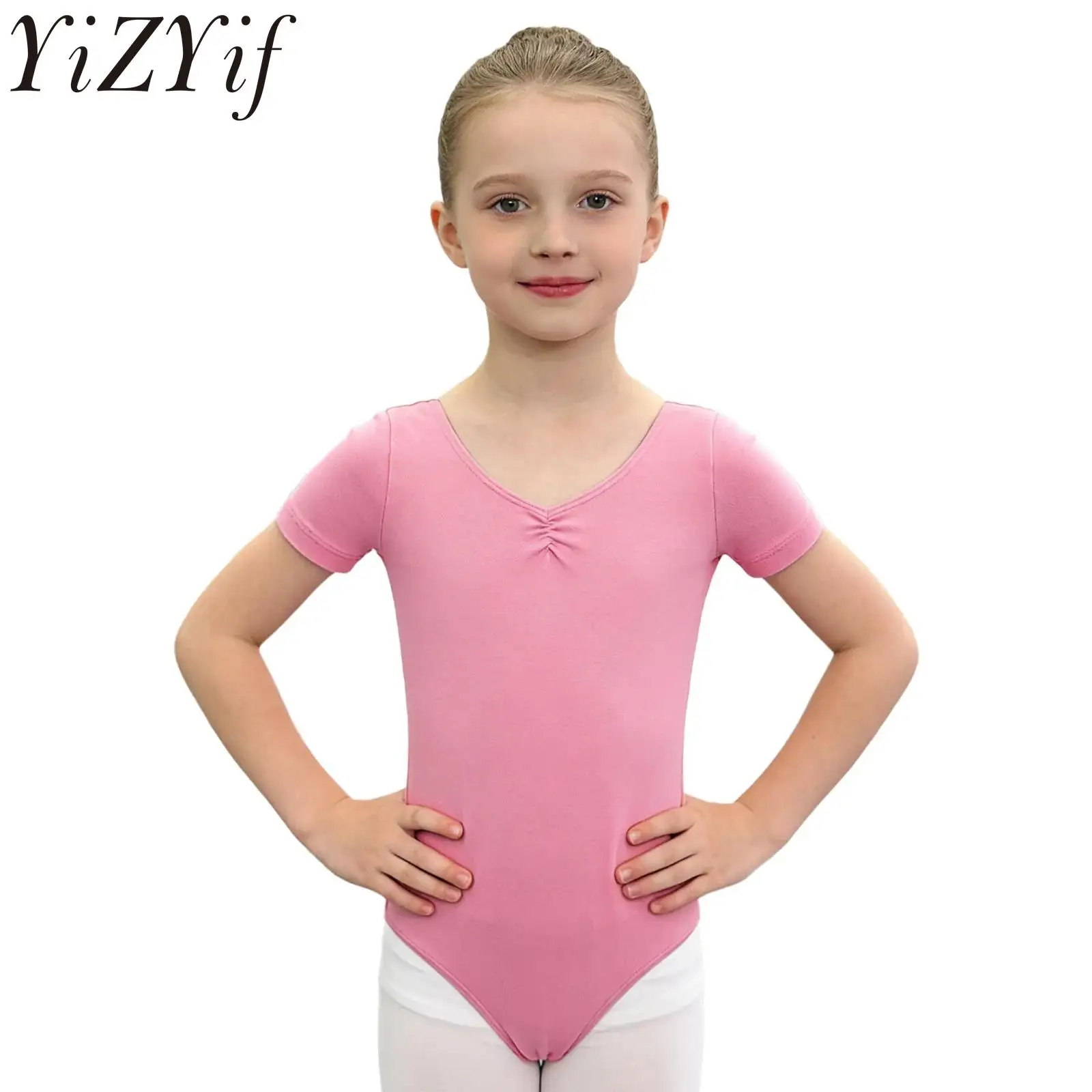 

Детский балетный купальник-ромпер с V-образным вырезом, коротким рукавом, сборками и кнопками на промежности для девочек, для тренировок и выступлений