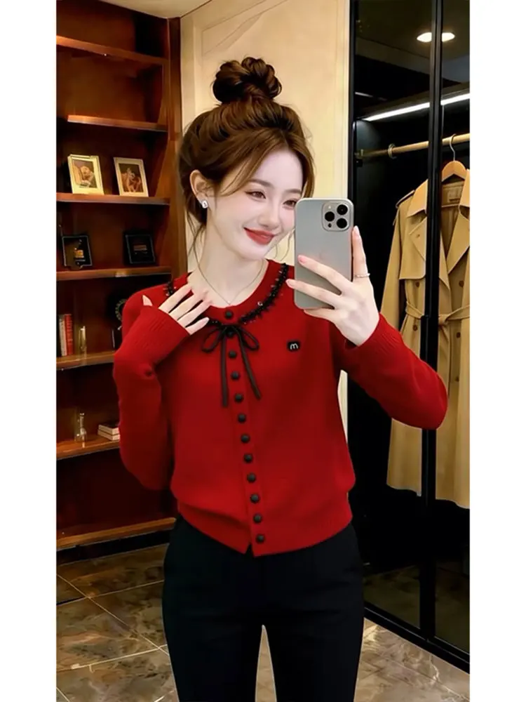 

Уникальный красивый новогодний красный вязаный кардиган для женщин, весна-осень, новый дизайн, модный свитер, повседневный свободный крой