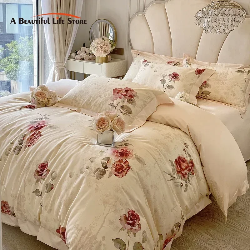 

French Vintage Rose Print Bedding Sets, 1000TC Egyptian Cotton, Soft Silky Flower Pattern,Duvet Cover Set,Bed Sheets,Pillowcases
