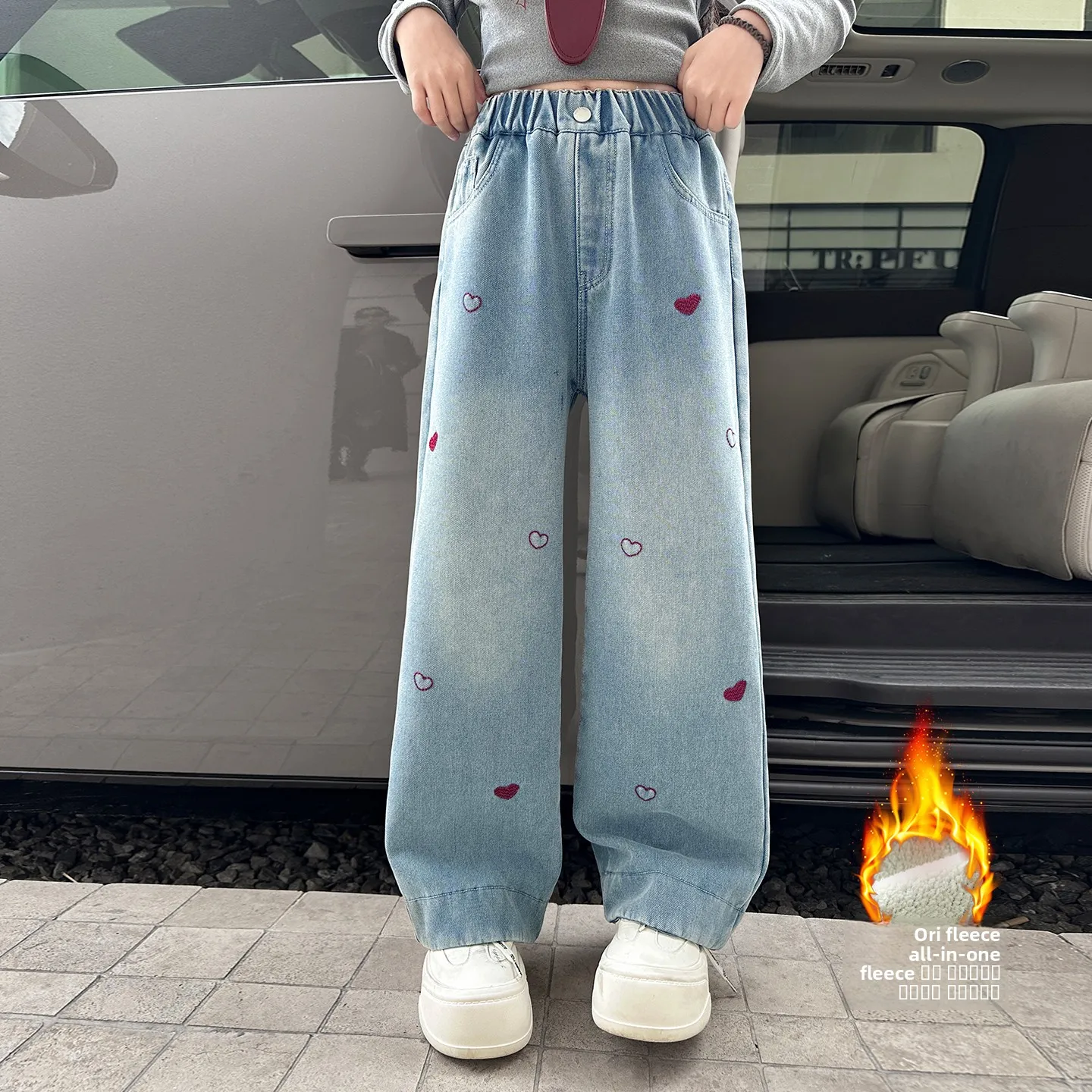 Pantaloni a Gamba Larga Ricamati per Ragazze Thiened Fce, Jeans Casual alla Moda Invernali per Ragazze dai 6 ai 12 Anni