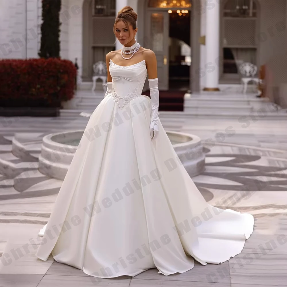 Ivory Satin Bridal Gowns A-line Sexy Off Shoulder Sleeveless Princess Wedding Dresses Without Gloves robe femme Customized Robes