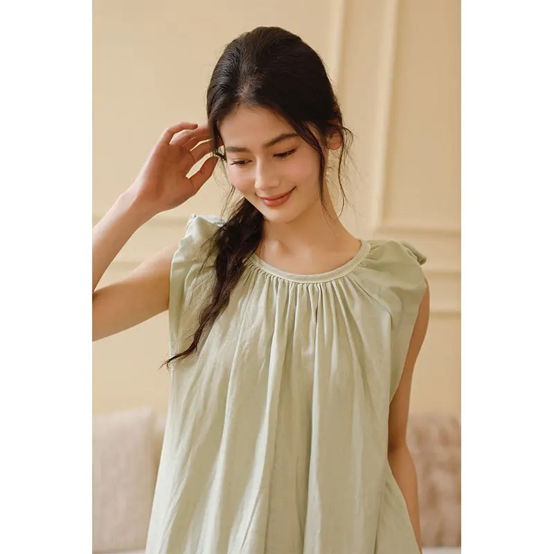 ثوب نوم نسائي من القطن الشاش بحزام على شكل فيونكة خلفية مجوفة بتصميم كسول فستان نوم فضفاض بدون أكمام ورقبة دائرية بلون سادة #3