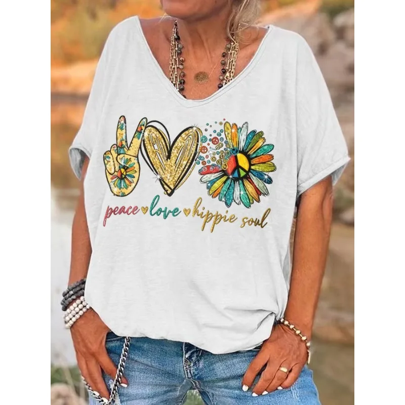 ilstile Women's Hippie PeaceLove Prin t T-Shirts Summer Holiday Short Sleeve T Shirt Casual Loose V Neck Tops Tees Black