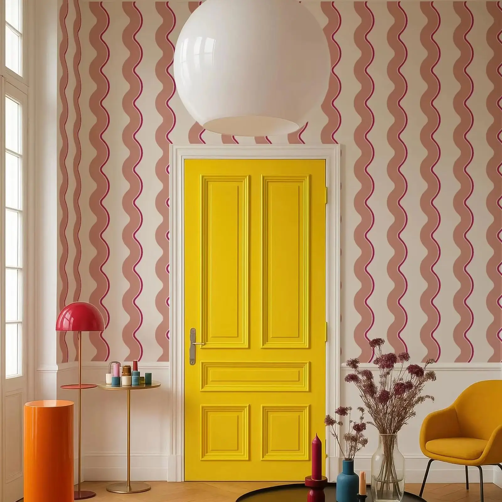 Funky Wavy Lines Peel & Stick Wallpaper,Playful Girls Room Decor,Retro Vibe Temporary Accent Wall Mural.Self-adhesive/Tradition