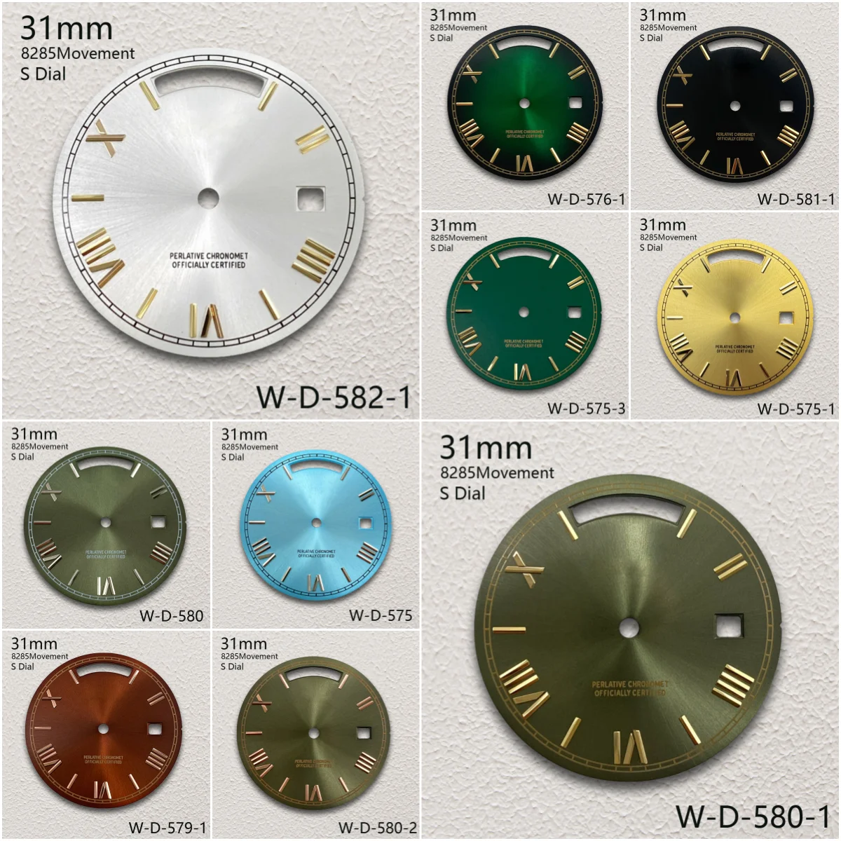 31mm S Logo Day And Date Rome/Arab/Diamond Dial Fit 8285 Movement Green/No Luminous Sunray Watch Modification Accessories