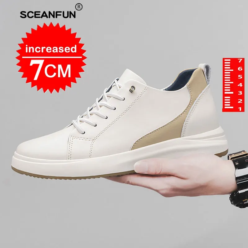 Sapatos casuais de couro genuíno para homens, tênis brancos, calçados masculinos, aumento de altura, palmilha de 7cm