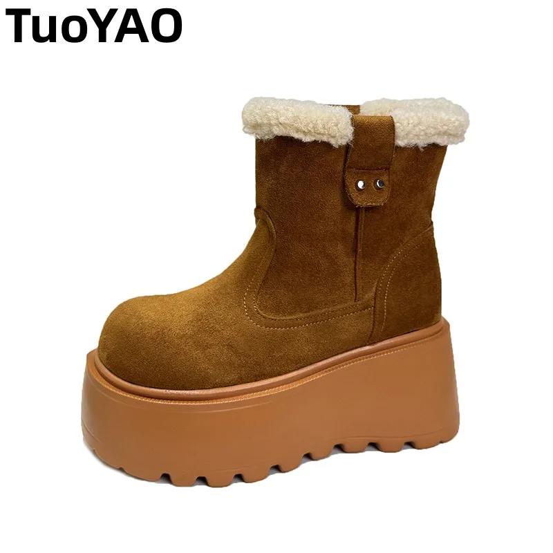 

New Women Winter Warm Snow Boots 8CM High Platform Short Booties Designer Suede Leather Cotton Shoes Woman Ankle Botas Mujer