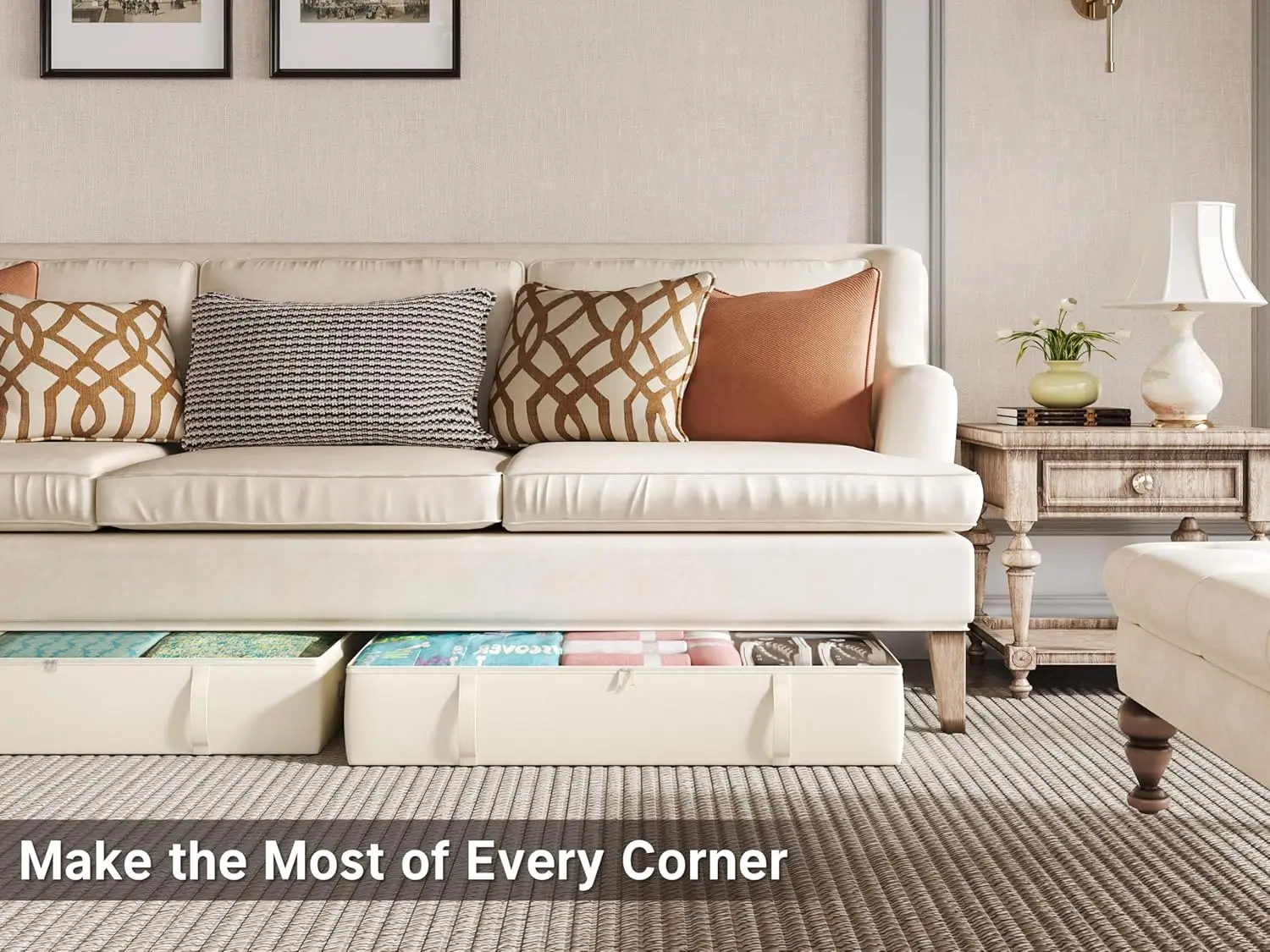 2 упаковки контейнеров для хранения под кроватью, органайзер высотой 8 дюймов с прочной конструкцией для экономии места, бежевый