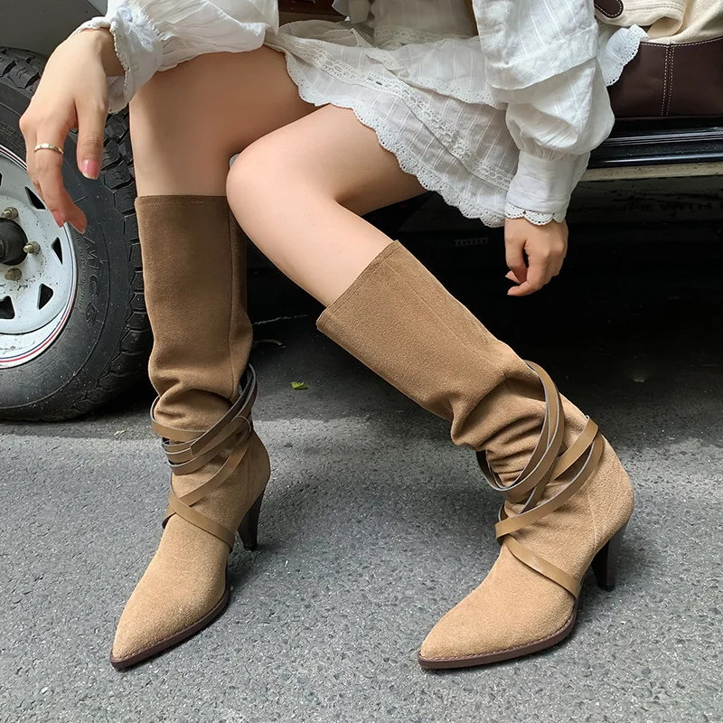 

2022 Winter New Pointed Toe Thick Heel Tapered Heel Scrub Straps Slip on Knee-length Boots Women's Boots