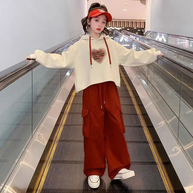 2026 Spring Winter Kids Girls Clothes Set Children Loose Crop Top Heart Hooded T-Shirt + Cargo Pants Teenager 4 6 7 10 12 Year