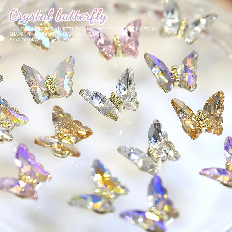 10PCS Sparkle 3D Crystal Butterfly Nail Rhinestones Aurora Magic Colorful Charms Alloy Decorations Manicure Accessories