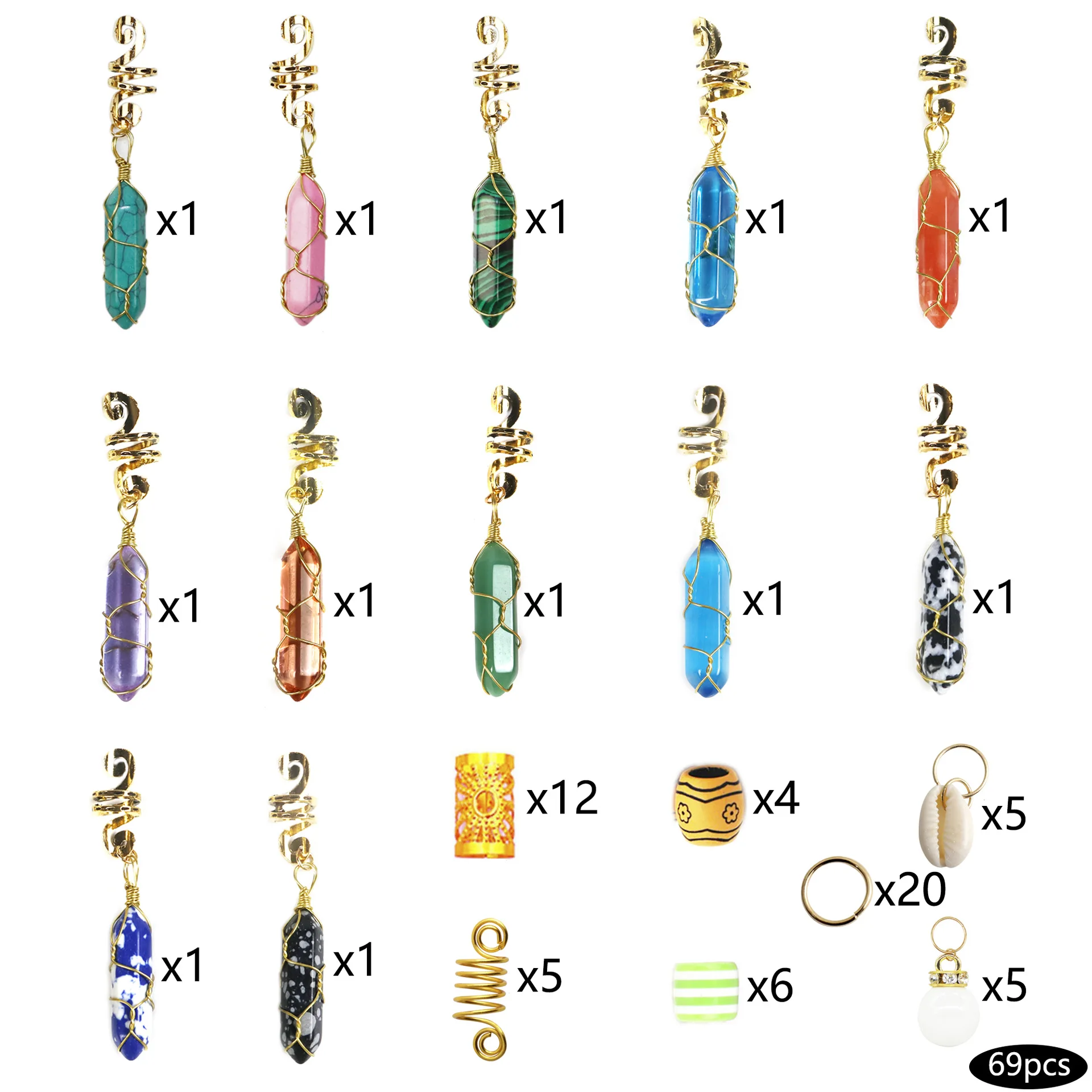 69pcs/lot Stone Pendant Hair Ring Dreadlock Beads Hair Accessories for Braids  Braid Clip In Hair Beads Hair Jewelry for Braids