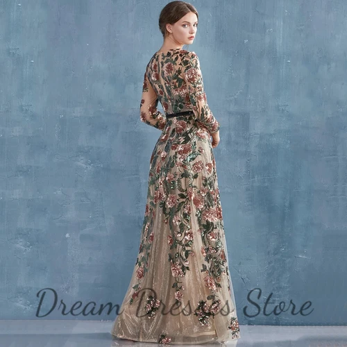 Imagen 2 del producto Vestido de noche elegante de manga larga con cuello redondo, apliques de flores y lentejuelas, corte en A con cinturón, largo hasta el suelo, vestidos de fiesta y banquete para mujer