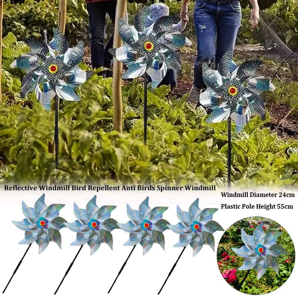 2 pçs reflexivo lantejoulas repelente de pássaros à mão moinho de vento multicores seção dupla pólo repelente de pássaros anti pássaros moinho de vento 24cm
