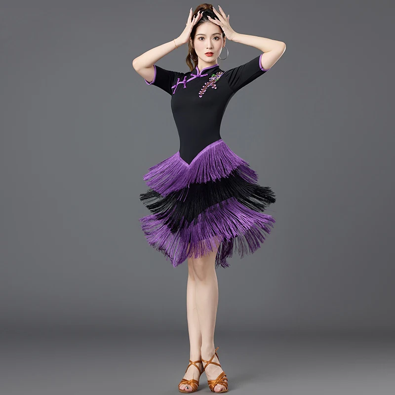 Novo vestido de dança latina vestido de desempenho cheongsam borlas vestido competição prática roupas chacha valsa vestido de dança dql11550