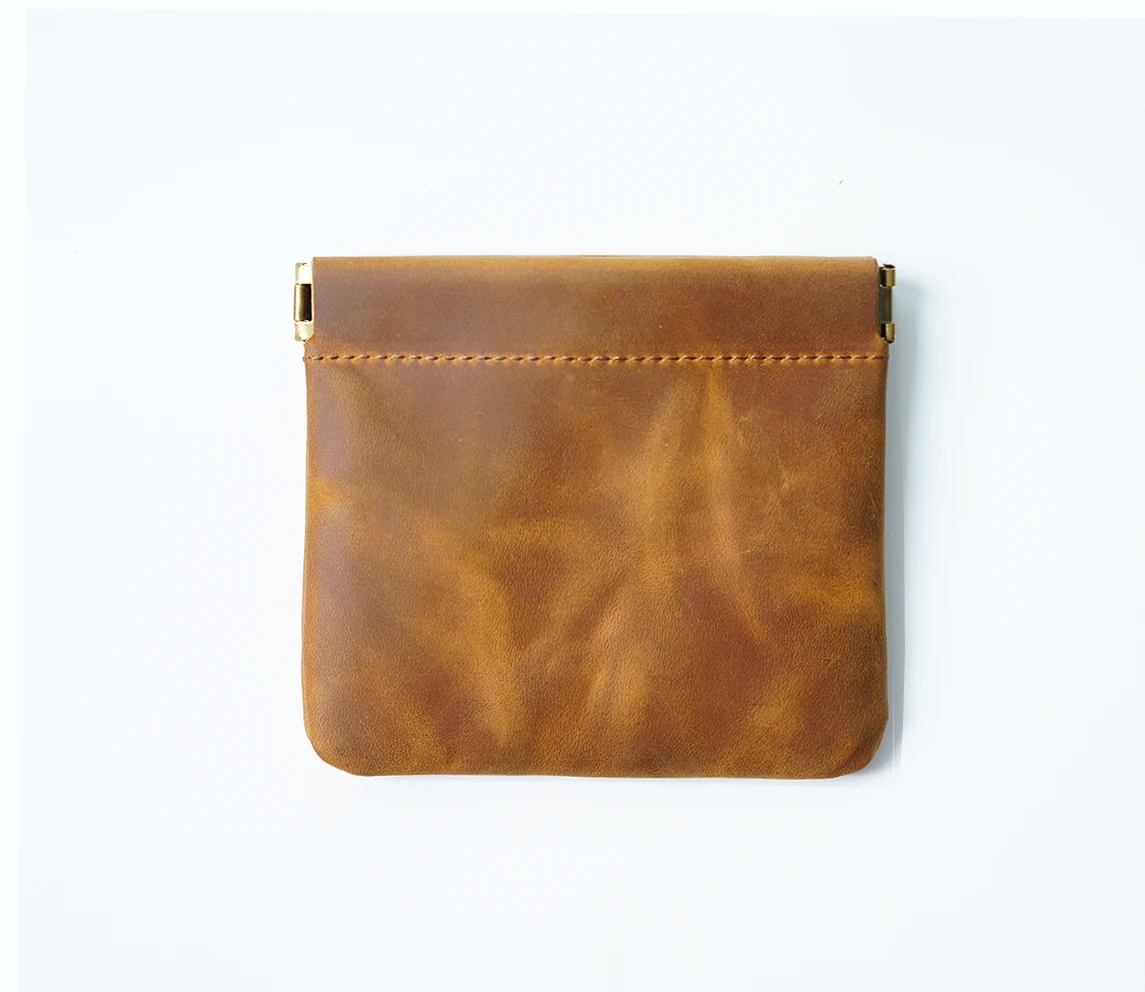 Genuine Leather Coin Purse, Vintage Crazy Horse Cowhide Drawstring Pouch with Spring Return Closure, Small Retro Bag 12x10.5cm