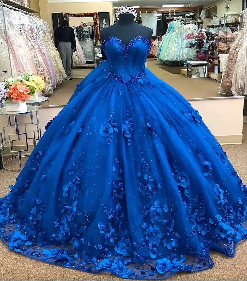 Vestido de lantejoulas de tule feminino, Azul Royal, Vestidos Quinceanera, Flores 3D, Formatura, Festa de aniversário, Vestidos Formais