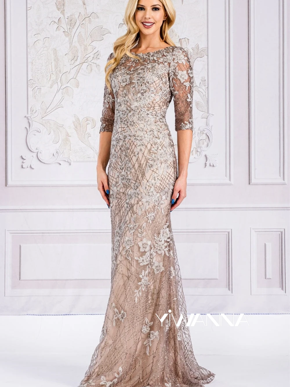 

Sequined Lace Appliques Mother Of The Bride Dress O-neck 3/4 Sleeve Sheath Evening Dresses For Formal Party Robe De Mariée