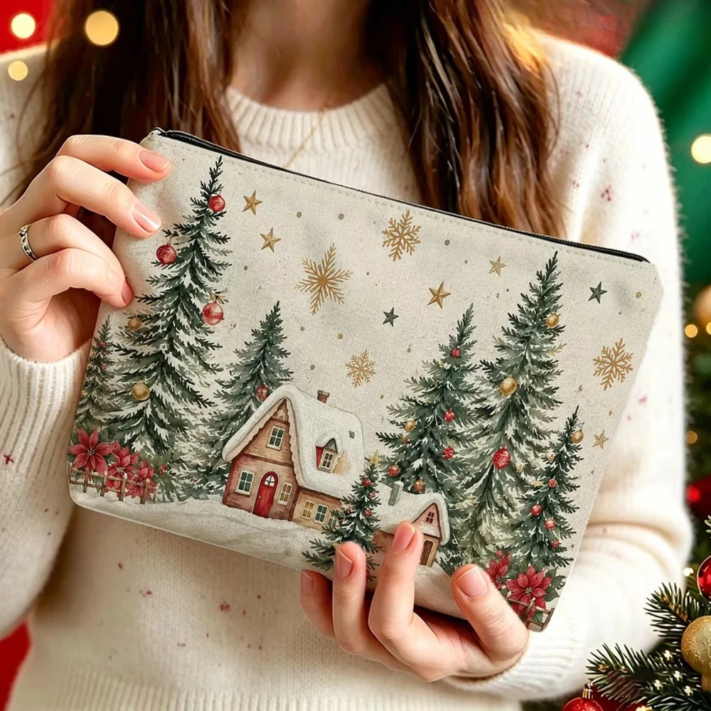 Christmas Snow Cabin Pine Tree Print Makeup Bag Winter Snowflake Xmas Cosmetic Pouch Portable Zipper Toiletry Holiday Gift