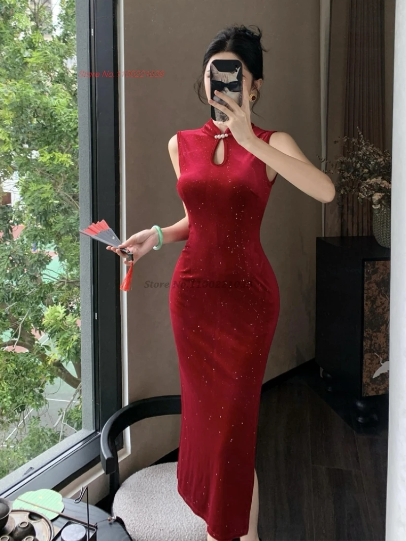 

2026 китайское улучшенное Cheongsam в стиле ретро без рукавов со стразами, бархатное Ципао, сексуальное вечернее платье, платье для банкета, ночного клуба