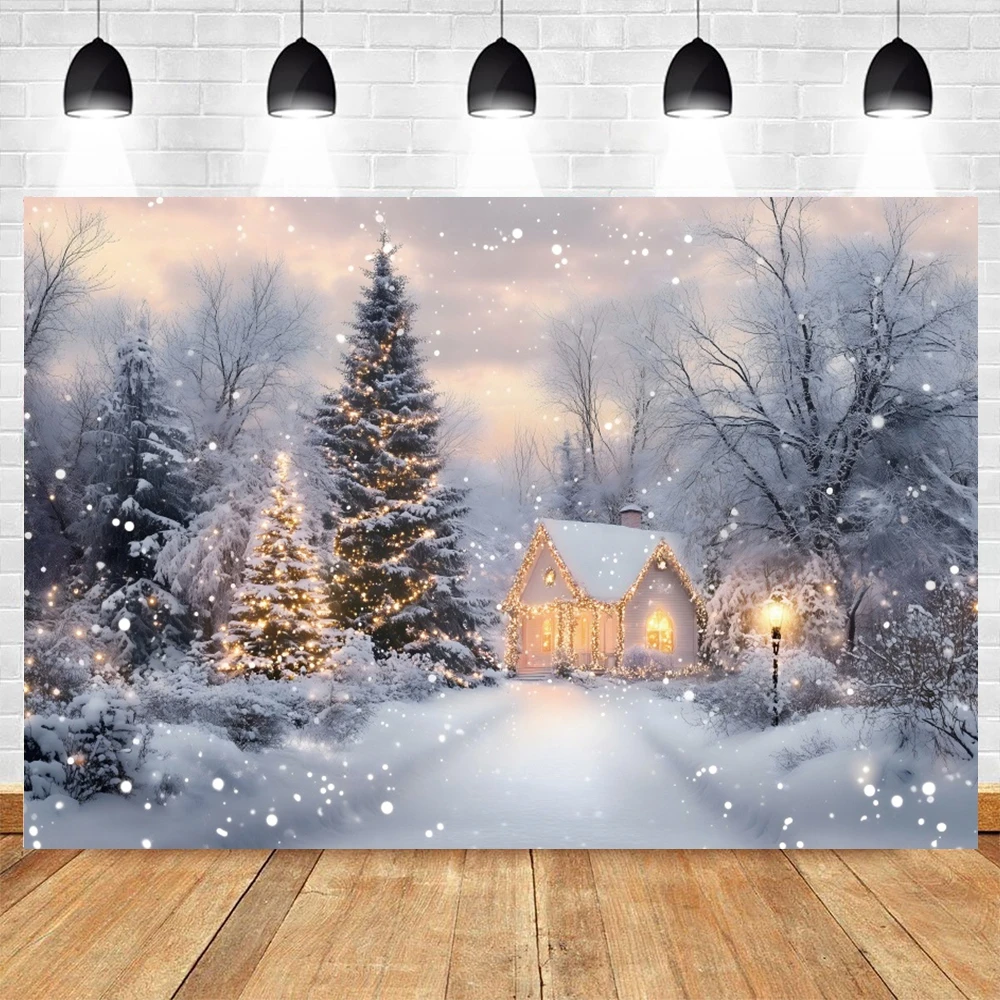 Christmas Night Winter Backdrop Snow Glitter Lights Snowfield Forest Xmas Tree Town Family Portrait Photography Background Decor