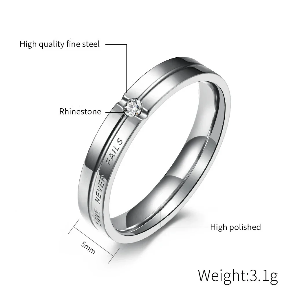 Love Never Fails Woman Men Rings for Engagement Anniversary Festival Gift Stainless Steel Rhinestone Couple Ring Promise Jewelry