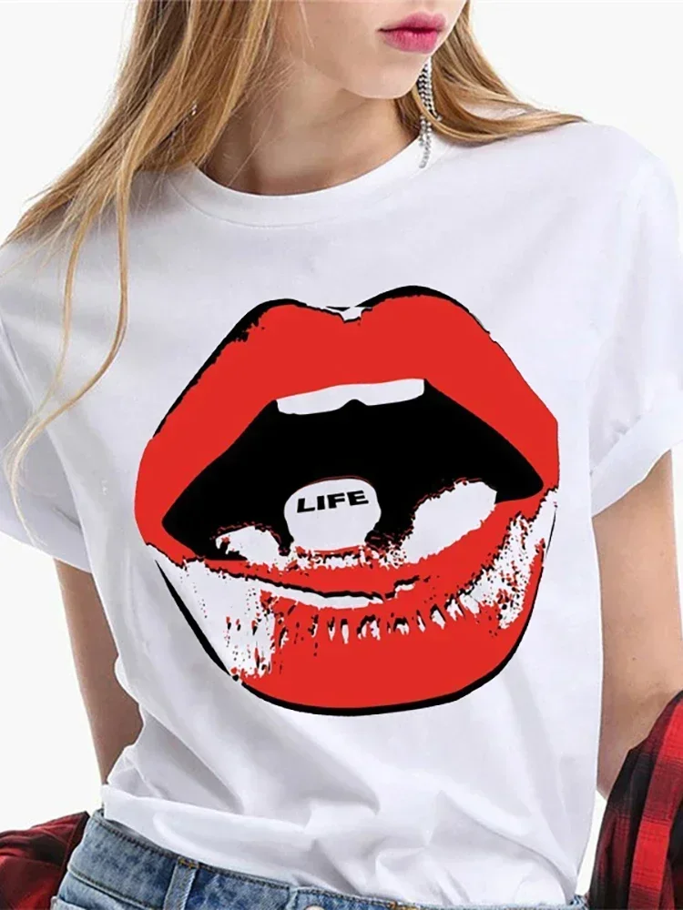 Woman\'s T-shirt Blouse Fashion Sexy Red Lip Tops Funny Kiss  Short Sleeve Female White Harajuku Clothes Streetwear Tops Y2k