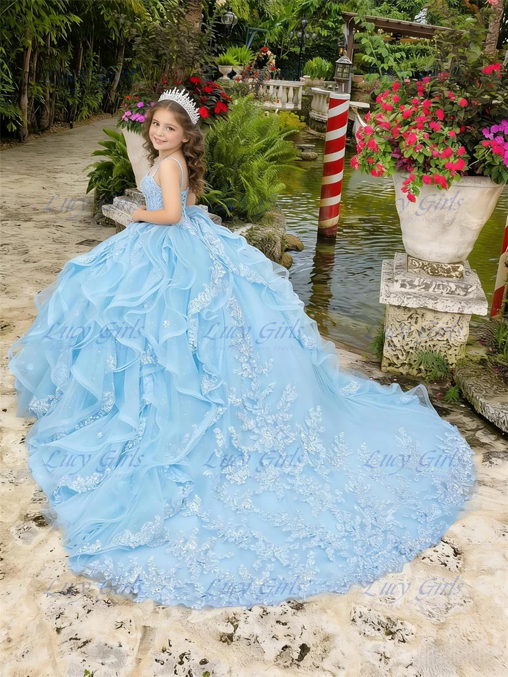 Luxury Flower Girl Dress Lace Applique with Ruffles Sequin Girls Pageant Dresses Layered Ball Gown Dress for Girls with Bow image 5