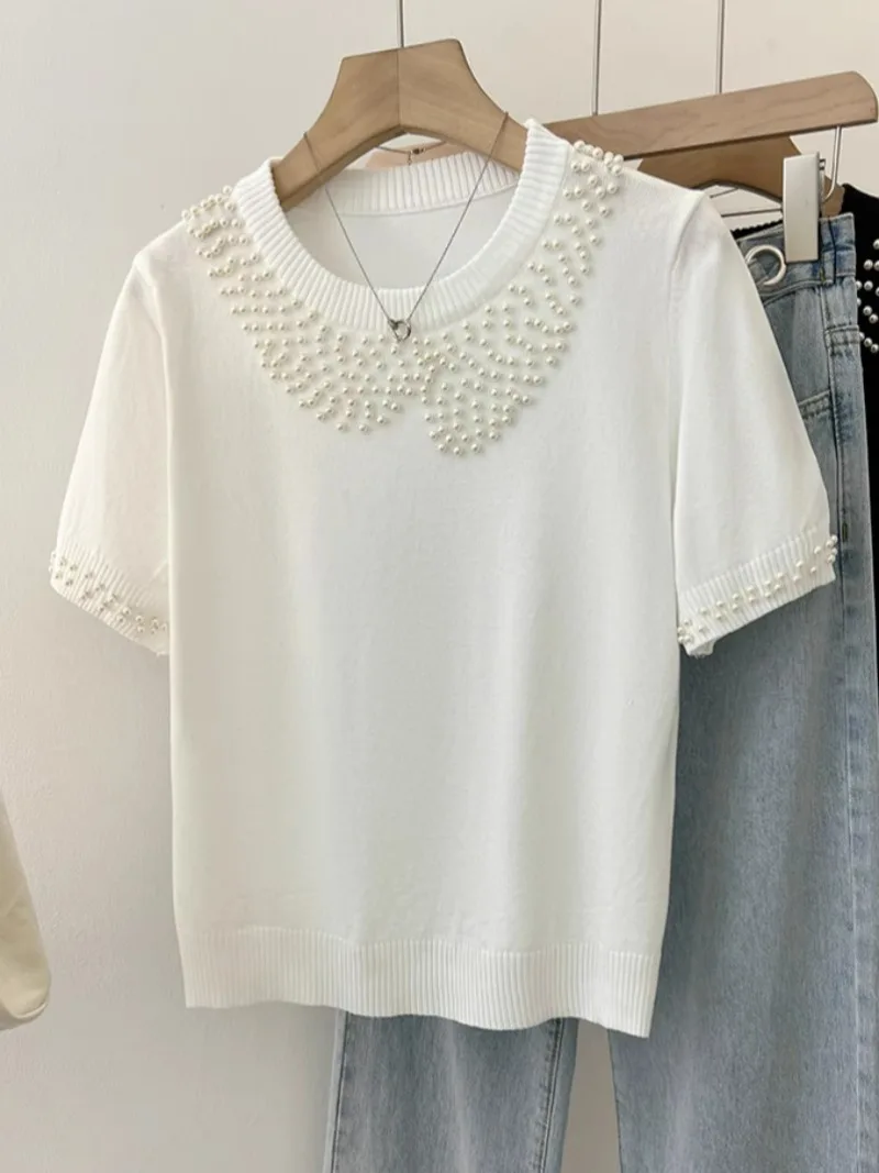 

O Neck Heavy Beading Design Sense Tees Short Sleeve Loose Age Reducing Knit T-shirts Y2k Aesthetic Women Clothing Summer Tops