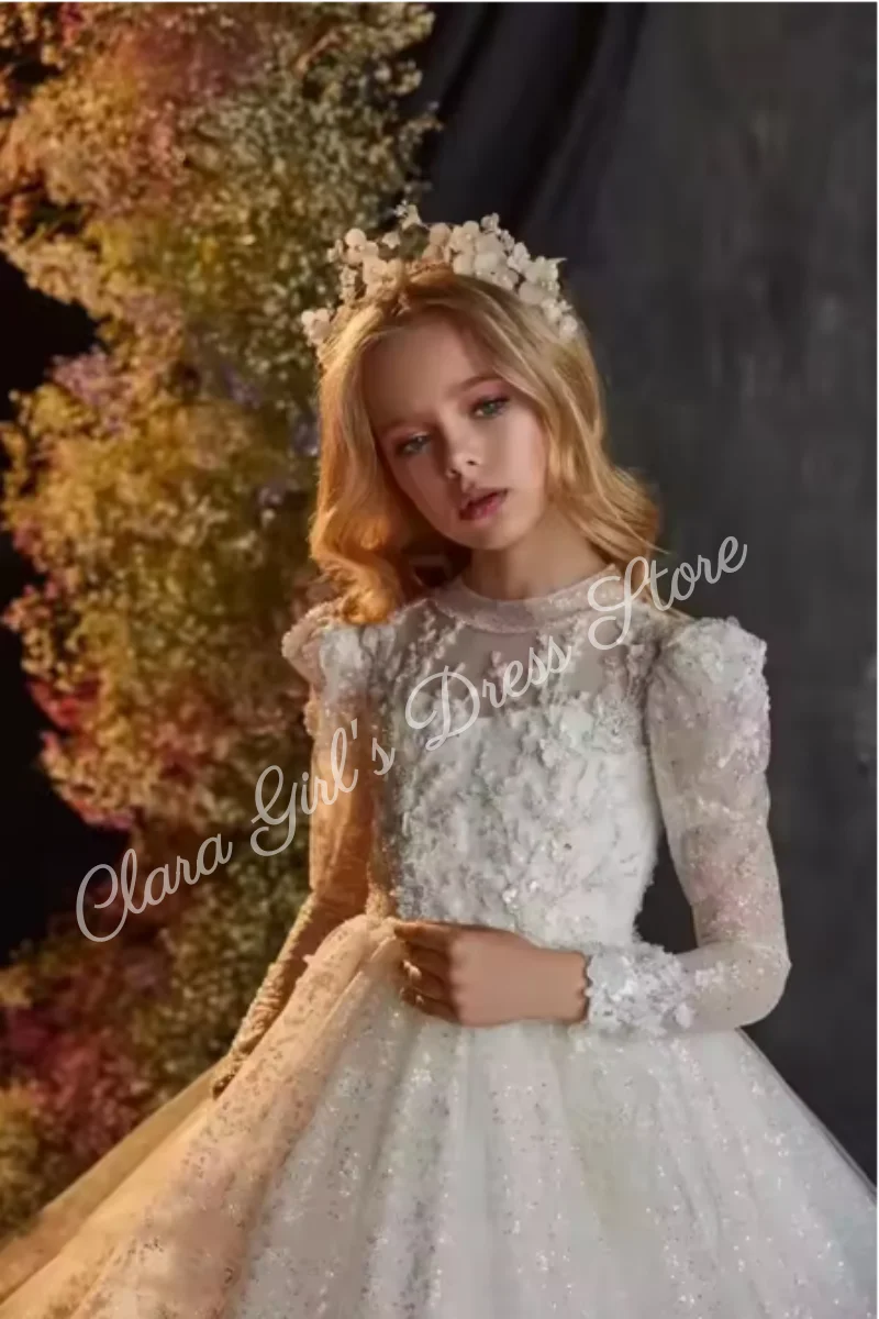 

Customized Beaded Flower Girl Dress For Wedding Puffy Full Sleeves Shining Sequins Kids Birthday First Communion Gown