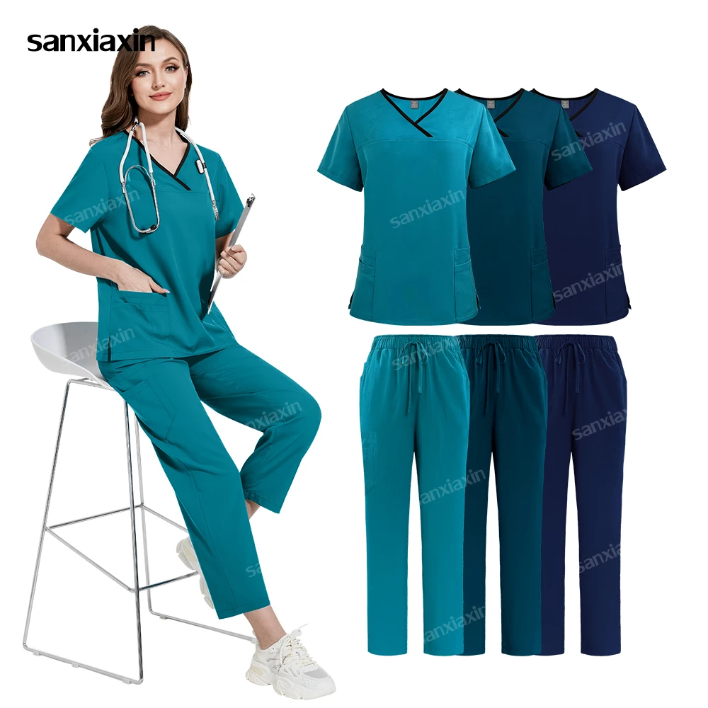 Women Medical Uniforms Surgical Uniforms Doctor Clothes Elastic Scrubs Set Hospital Pockets Tops Pants Nurse Nursing Accessories