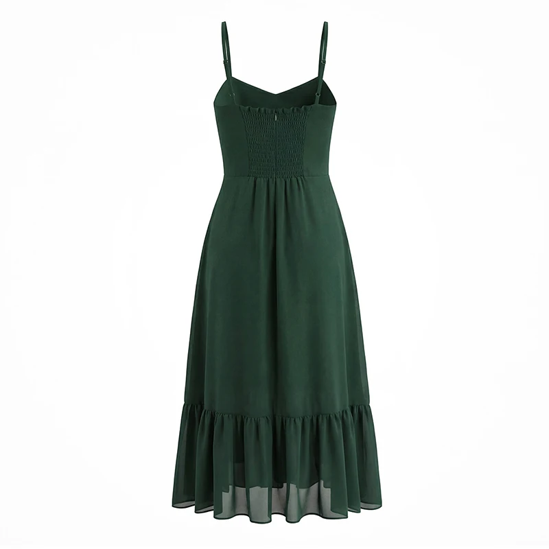 Yenkye verde escuro alças de espaguete vestido longo feminino decote em v a linha férias vestidos de verão maxi robe novo 2026 roupas