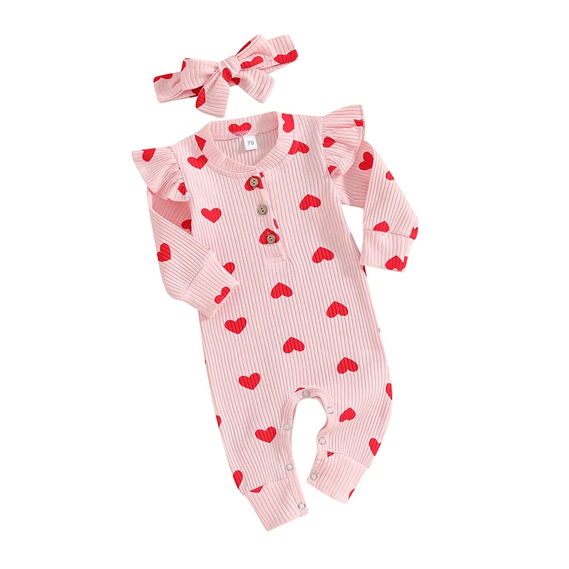 Baby Girls Rompers Valentine s Day Clothes Heart Print V-Neck Buttons Long Sleeve Jumpsuits Toddler Bodysuits with Headband