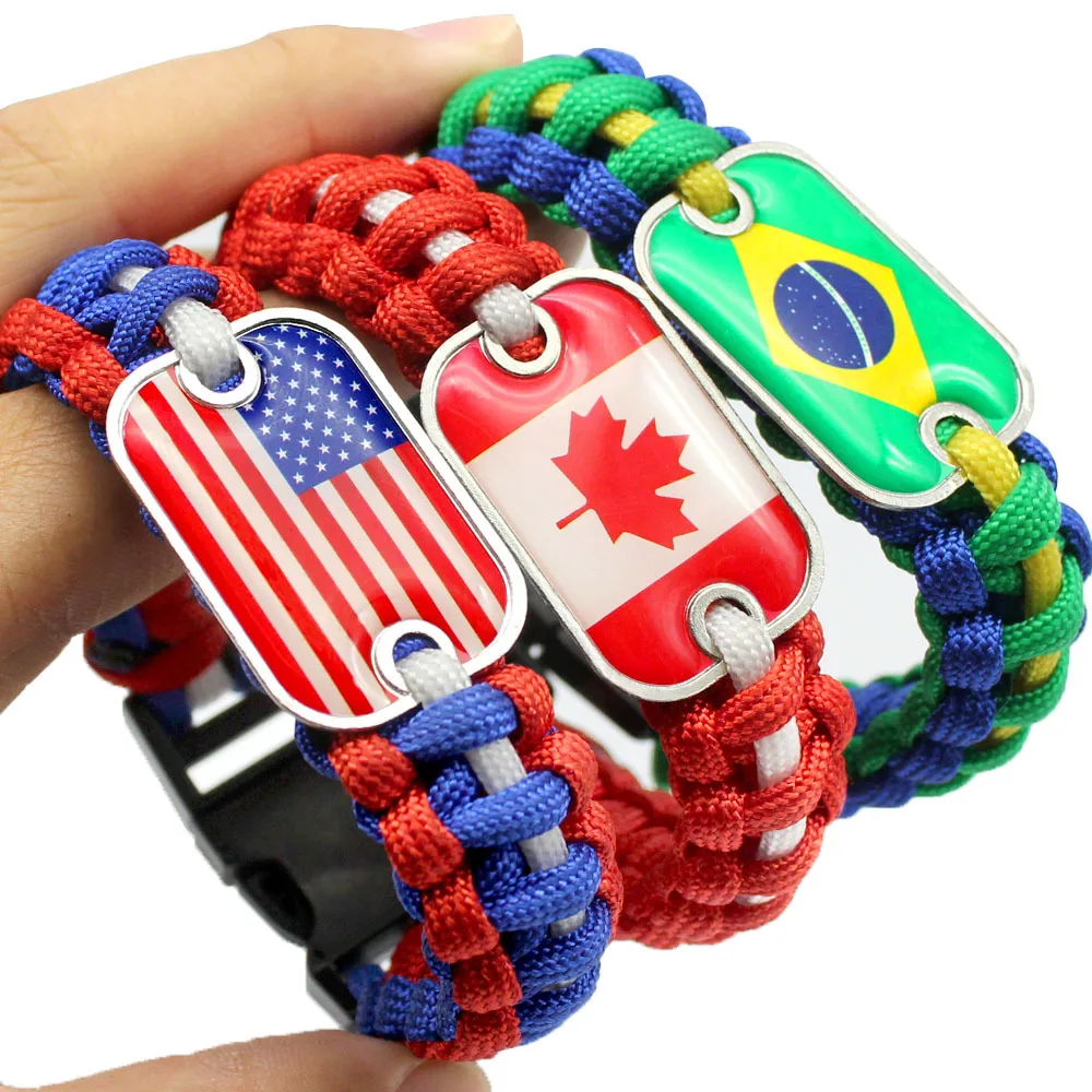 World Country Flag Bracelet for Men Women Glass USA France Spain Italy Turkey National Flag Paracord Bracelet Bangles Jewelry