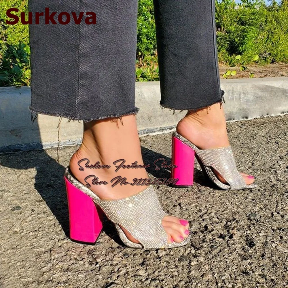 Surkova Pink Chunky Heels Sparkling Crystal Slippers Silver Rhinestone Cut-out Wedding Shoes Bling Bling Gladiator Sandals