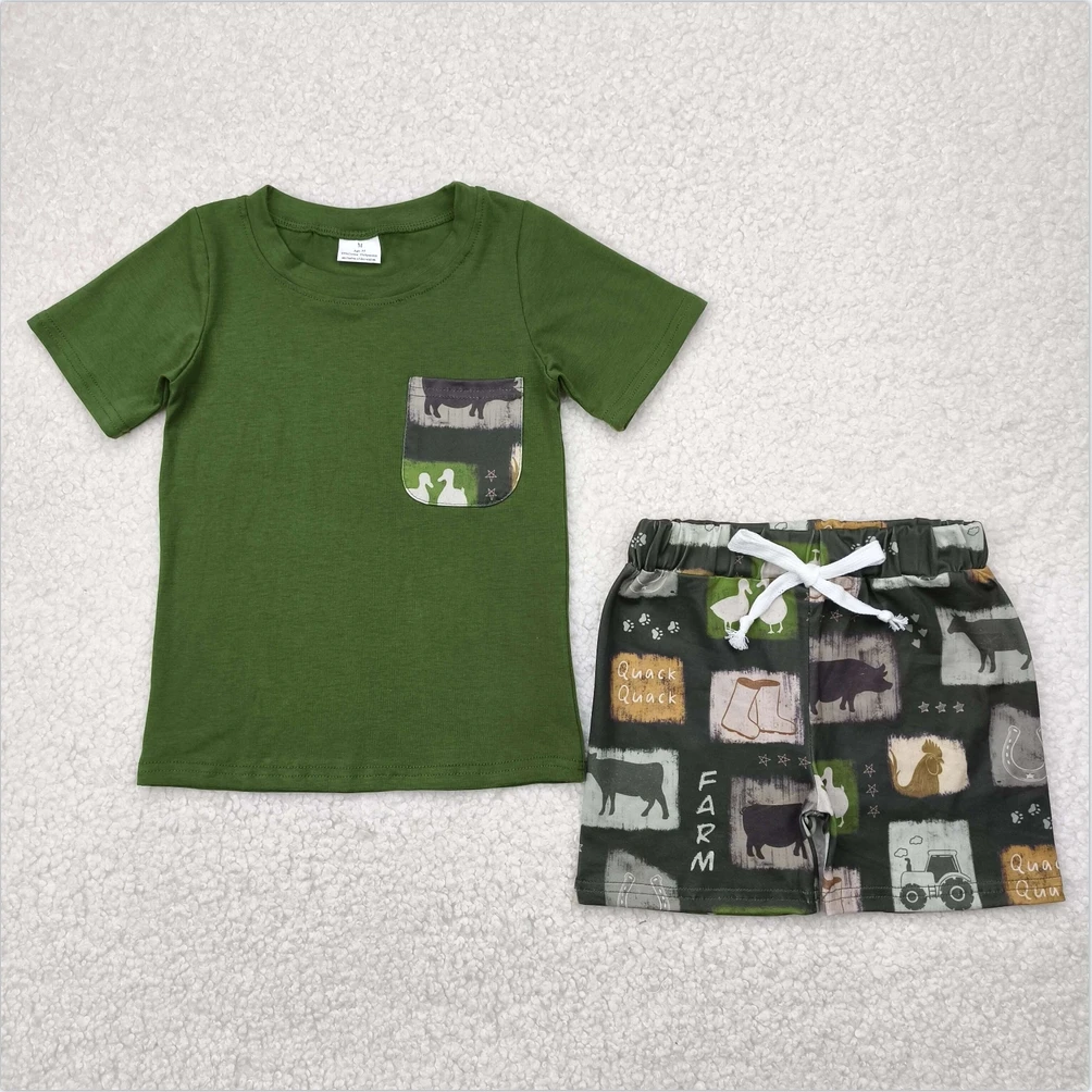 

Hot Sale Kids Designer Clothes Boys Shorts Sets Baby Boys Clothes Baby Boys Western Cow Farm Pocket Top Shorts Baby Boys Clothes