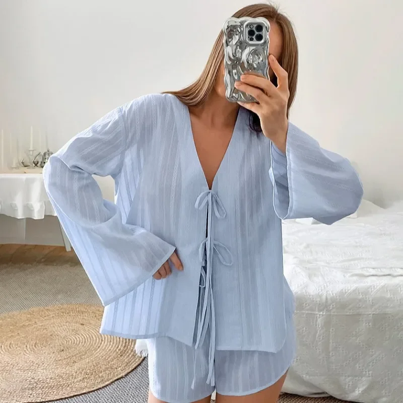 

DINADD модные шорты пижамный комплект летний пижамный комплект с v-образным вырезом и галстуком с длинными рукавами и шортами с высокой талией женские сексуальные шорты пижамный комплект