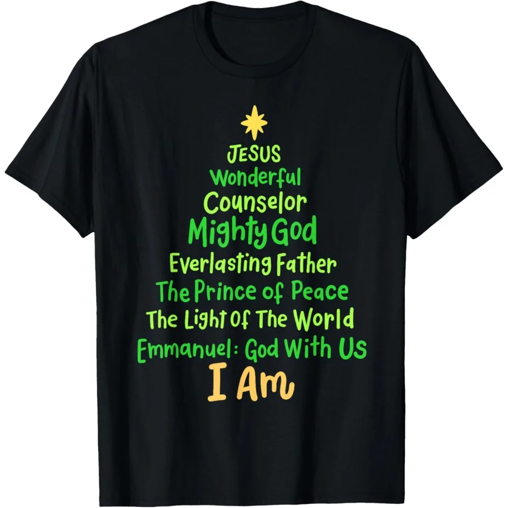 

Christian Christmas Jesus Bible Names Xmas Tree Shaped T-Shirt High Quality Cotton Tops Streetwear Men Sweatshirt Short-sleeve