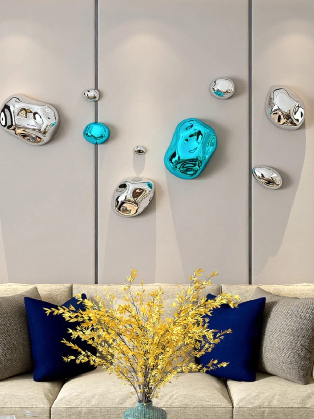 Modern Light Luxury Metal Decoration Stainless Steel Pebble TV Wall Decoration Electroplated Small Stone Wall Decoration Crafts