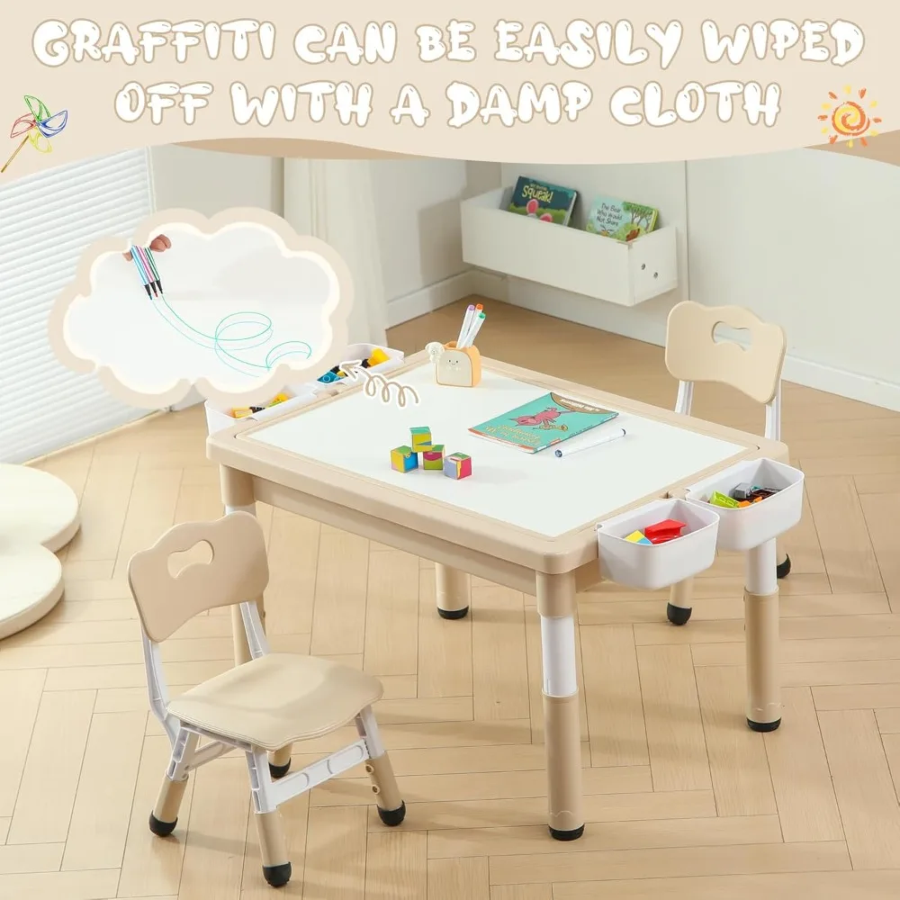 Kids Table and Chairs Set, Toddler Activity Table with Storage, Graffiti & Building Blocks Double-Sided Tabletop, Multi Function