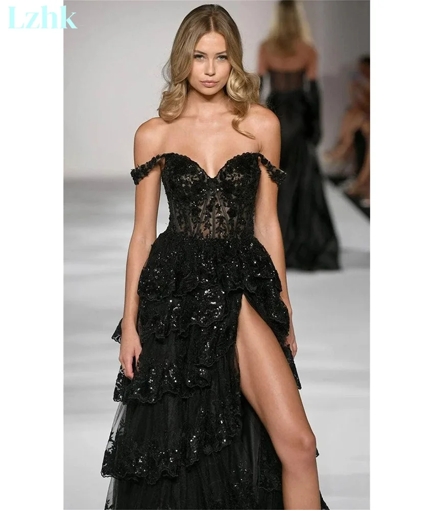 Sukienka wieczorowa z koronki, seksowna, z falbanami, w kształcie litery A, z cekinami, z odkrytymi ramionami, delikatna, z dekoltem w serduszko, فستان سهرة نسائي