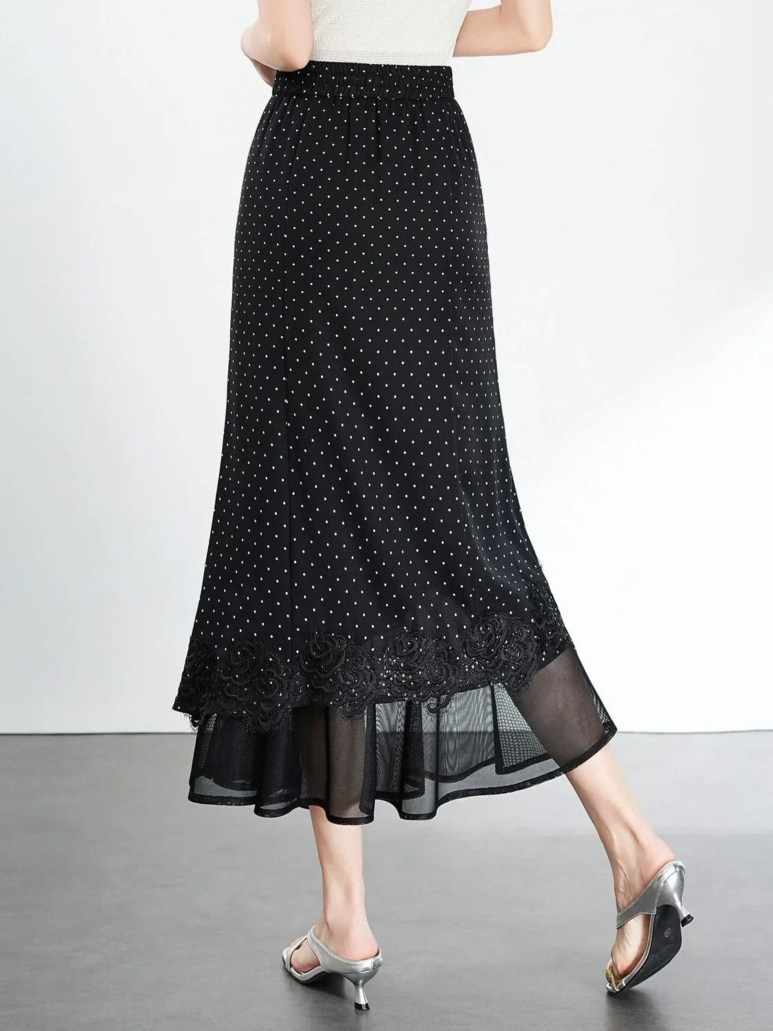 Polka Dot Asymmetrical Midi Skirt With Lace Trim And Layered Hem For Office And Evening Wear Elegant Style Women's Fashion