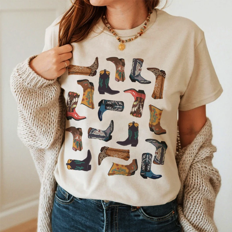 Cowboy Boots Western Country T-Shirts Women Vintage Rodeo Graphic T Shirts Cowgirl Hippie Boho Aesthetic Tees Cute Ladies Tops