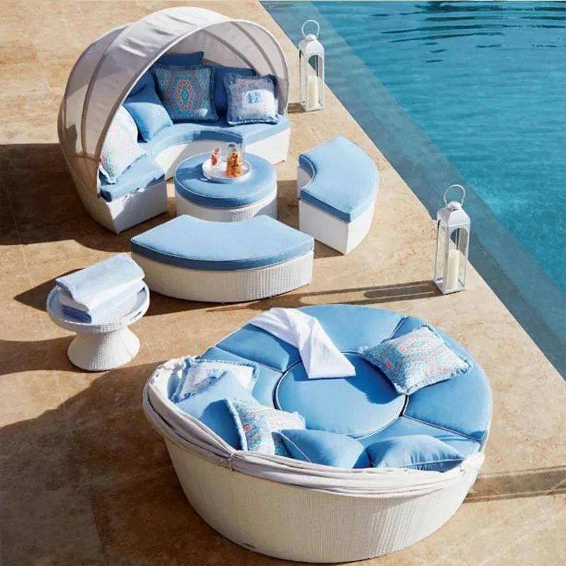 gr-Outdoor Courtyard Balcony Lounger Vacation Beach Bed Rattan Lounger Terrace Sun Bed Outdoor Leisure Lounger Sofa