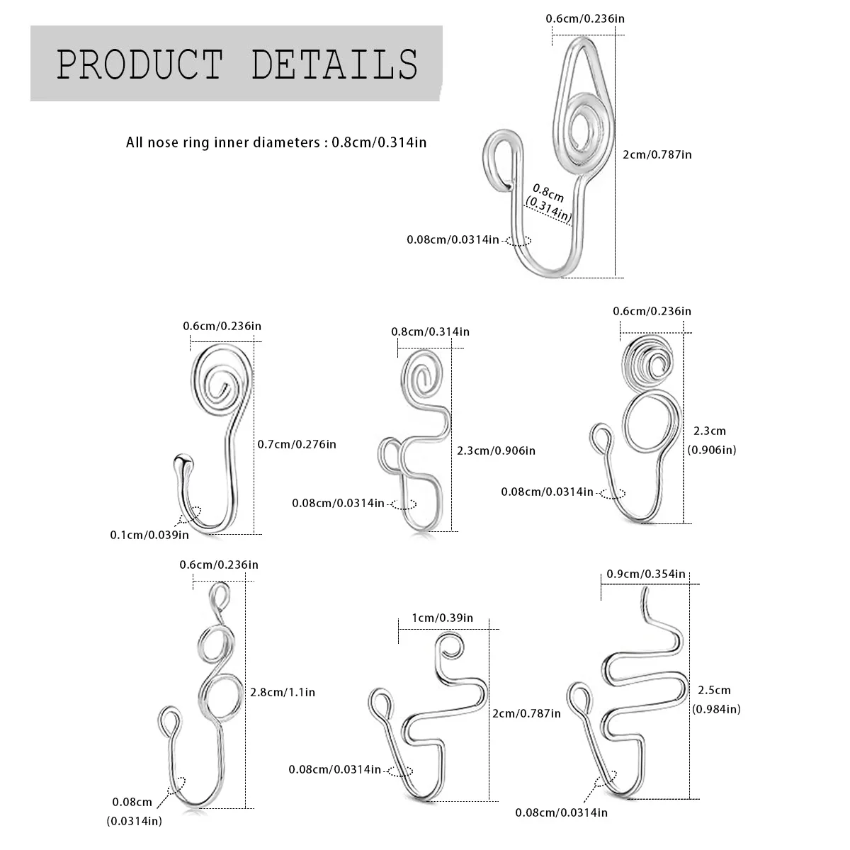 3pcs/7pcs Punk Non Puncture Nose Ring For Women U-Shaped Wire Spiral Fake Piercing Nose Clip Cuff Nostril Body Jewelry Gifts